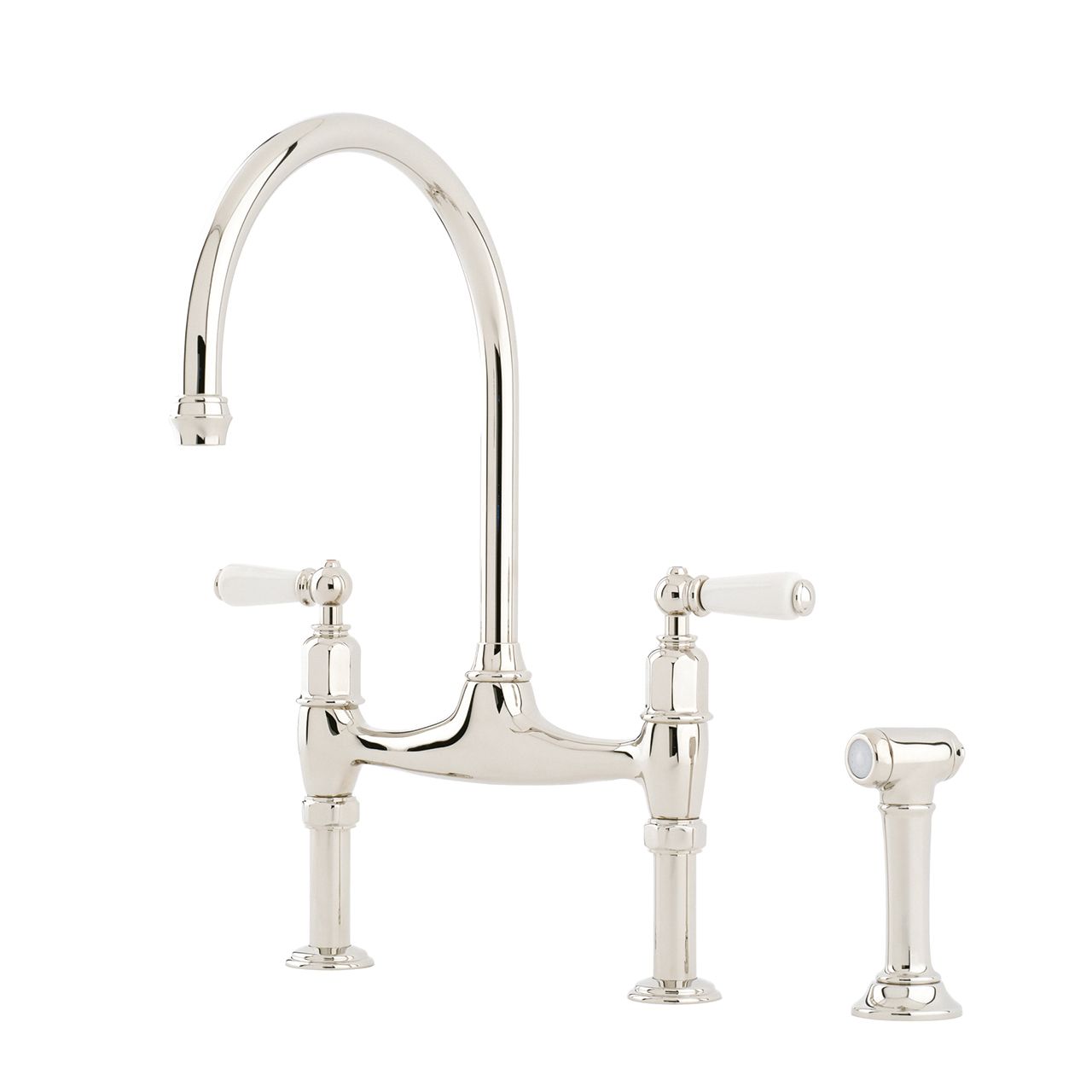 Ionian Deck Mixer with Lever Porcelain handles with Rinse in Polished Chrome – Perrin & Rowe