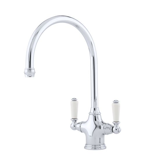 Phoenician Monobloc Sink Mixer with C Spout and Porcelain Lever Handles in Polished Chrome – Perrin & Rowe