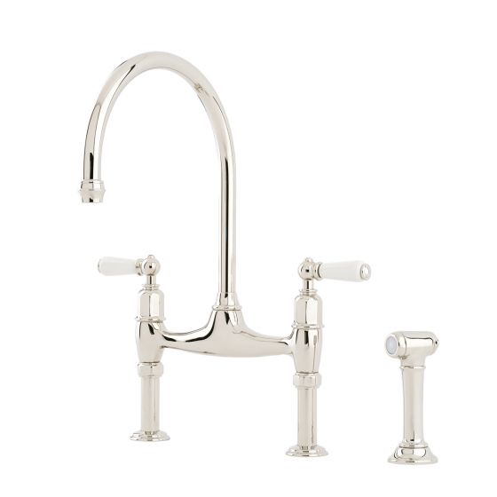 Ionian 2 Hole Deck Mixer Tap with Porcelain Lever Handles with rinse in Pewter – Perrin & Rowe