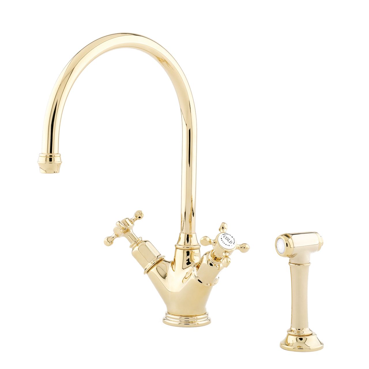 Phoenician Monobloc tap with C spout, Rinse Gold Finish with Cross Top Handles – Perrin & Rowe